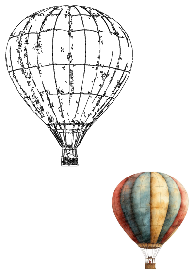 Vintage watercolor hot air balloon painting with striped patterns alongside a black outline drawing for a classic, adventurous feel.