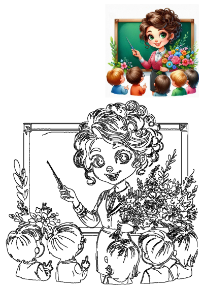 A cheerful teacher instructs children in a classroom, with a chalkboard, a beautiful floral bouquet, and decorative plants.