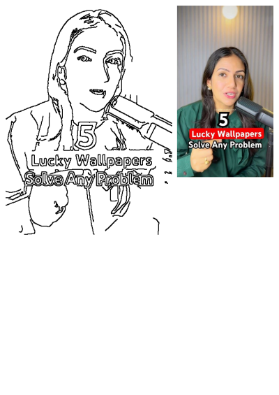 An influencer woman presenting '5 Lucky Wallpapers Solve Any Problem' with a microphone, sharing tips for problem-solving.