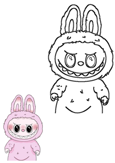 A pink Labubu-inspired cartoon sticker alongside its black outline, featuring big eyes, bunny ears, and a toothy grin, perfect for surreal tattoo or emoji design.