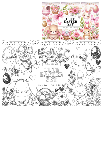 Adorable watercolor Easter bunny clipart set featuring cute bunnies, pink flowers, decorated eggs, bows, baskets, and butterflies.