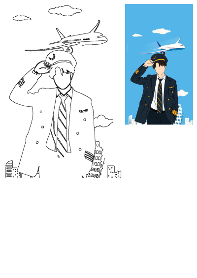 Illustrated airplane pilot in suit and tie, saluting, with a plane flying in the sky and clouds above a city. Features colored and outline versions.