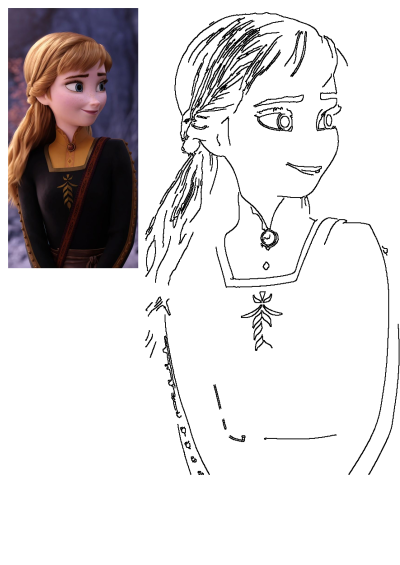 Anna from Frozen, dressed in her black and gold outfit, smiling gently. Includes a line art outline version for drawing and creative projects.