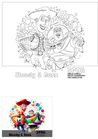 Woody and Buzz Toy Story characters illustration: outline drawing featuring Woody, Buzz Lightyear, with stars & planets floating.