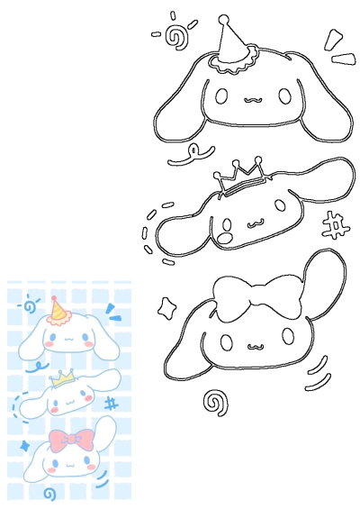 Three adorable Cinnamoroll cartoon characters featuring a party hat, a crown, and a bow tie, with bonus line art outlines.