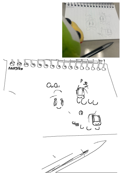 Hand-drawn cute animal character sketches like OuiOui, Peegy, and Cubegy in a spiral notebook with a pen and plush toy.