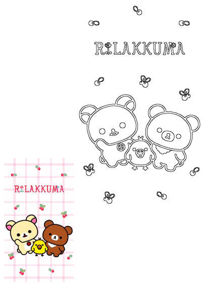Cute Rilakkuma, Korilakkuma, and Kiiroitori characters on a pink plaid cherry wallpaper, alongside matching line art outlines.
