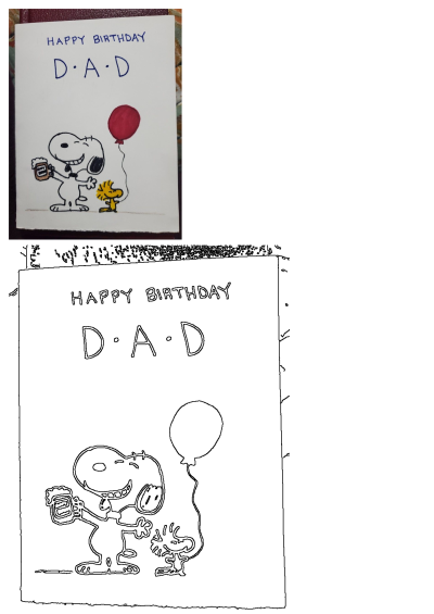 Handmade Happy Birthday card for Dad, featuring Snoopy joyfully holding a beer, Woodstock, and a red balloon. Includes "D•A•D".