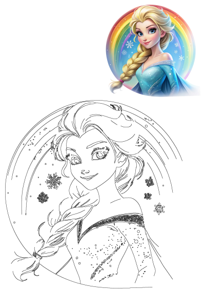 Frozen Princess Elsa, with blonde braided hair and blue dress, smiles against a rainbow and snowflakes. Also features a line art version.