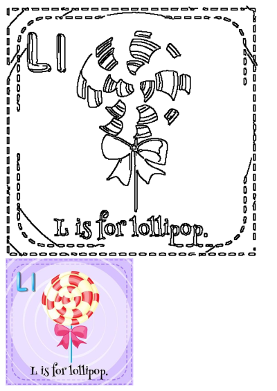 Black and white outline of uppercase and lowercase L, a lollipop, and "L is for lollipop." for alphabet learning.