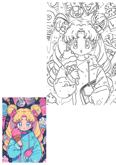 A cute, kawaii anime girl with blonde hair in pigtails, wearing a blue hoodie, holding a pink ice cream cone in a sweet candy world.