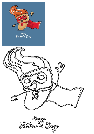 A vibrant cartoon superhero dad, with fiery red hair, mask, and cape, flying with a 'Happy Father's Day' greeting. Ideal for celebration.