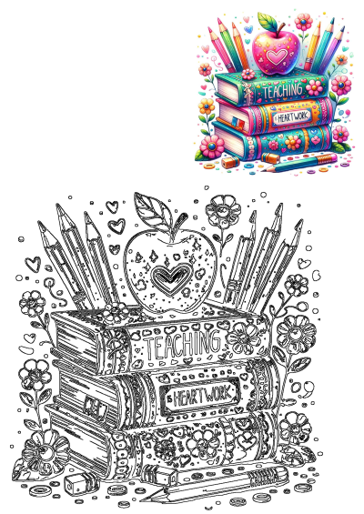 A colorful stack of books with 'Teaching Is Heartwork' text, topped by a heart apple, surrounded by pencils and flowers.
