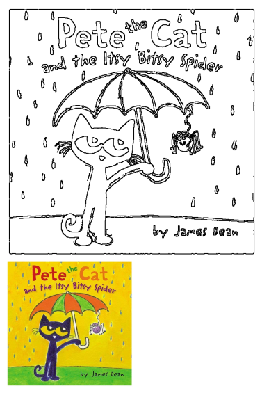 Pete the Cat and Itsy Bitsy Spider book cover showing Pete with an umbrella in the rain and the spider, presented in both vibrant color and outline for fans.
