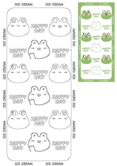 Printable sheet of cute Happy Day frog ice cream stickers, featuring different frog expressions and 'Ice Cream' text. Perfect for crafts.
