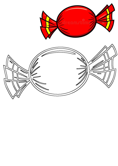 Red wrapped candy with yellow stripes on a white background illustration. It also includes a black outline drawing of the sweet.