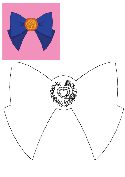 A vibrant blue bow with an orange heart and gold crest, inspired by Sailor Moon, alongside its black and white outline.