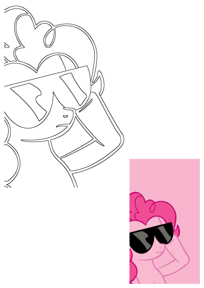 Outline drawing of Pinkie Pie from My Little Pony wearing cool sunglasses, striking a stylish pose.