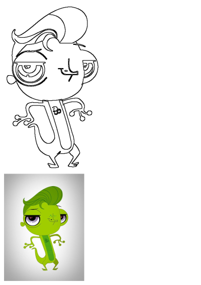 Cool Green Lizard Cartoon Character With Hairstyle, depicted in both line art and vibrant green color with purple eyes.