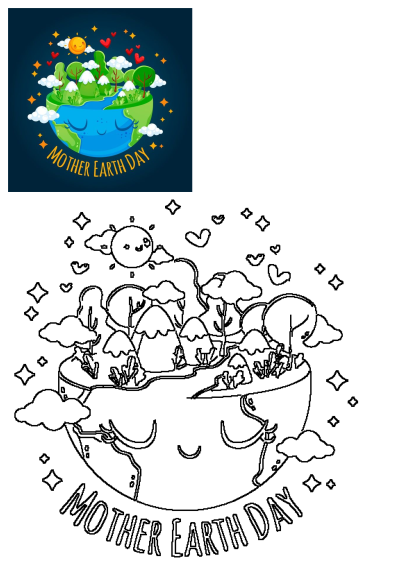 Vibrant Mother Earth Day illustration featuring a happy planet, green trees, white clouds, red hearts, and a smiling sun on a dark blue background.