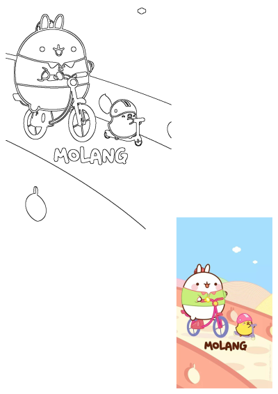 Molang cartoon character rides a bike while a duck rides a scooter. Features both colored illustration and black-and-white line art.