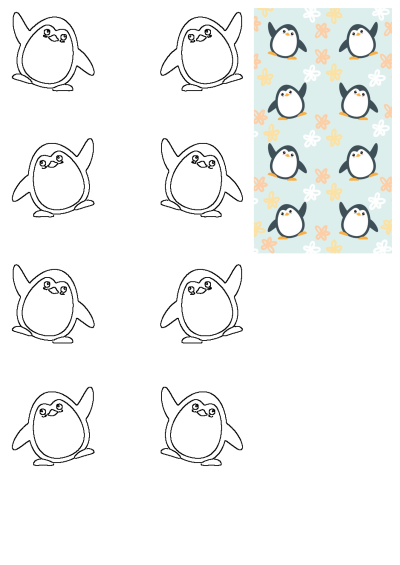 A delightful design showcasing cute baby penguin outlines and a cheerful seamless wallpaper pattern with colorful penguins and flowers on blue.