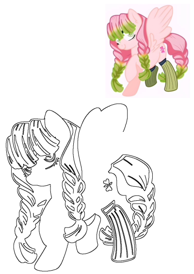 Pink Pony Long Hair Green Eyes, a delightful pegasus with braided pink and green mane and tail, featuring both a colored and outline version.