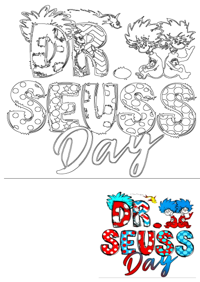 A vibrant Dr Seuss Day illustration with iconic characters Thing 1, Thing 2, and a fish, featuring patterned lettering for celebration.
