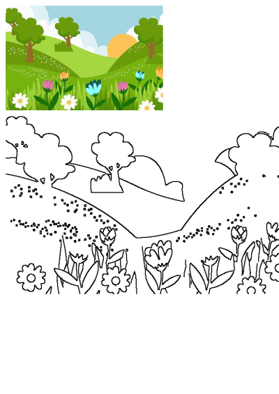 Cartoon Field With Flowers And Trees, a vibrant landscape with green hills, colorful blooms, and a sunny sky, shown with its outline version for coloring.