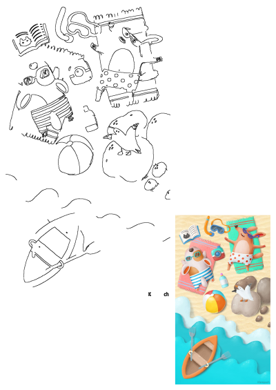 Cute cartoon dogs enjoying a fun summer vacation on a sandy beach with a boat, towels, snorkel, and beach ball in the blue ocean.
