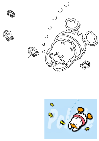 A cute cartoon duck floats upside down in blue water surrounded by small yellow fish and bubbles. Includes a black and white outline.