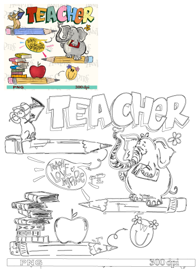 Cute teacher-themed clipart featuring an elephant, mouse, books, pencils, and an apple. Ideal for educators and school projects.