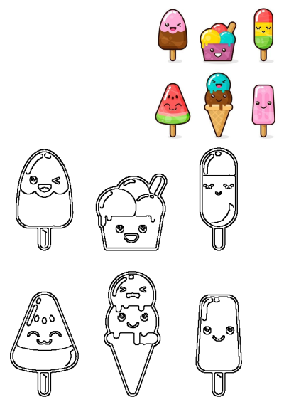 Collection of cute, happy chibi ice cream characters and their outline versions, including popsicles, cones, and cups.
