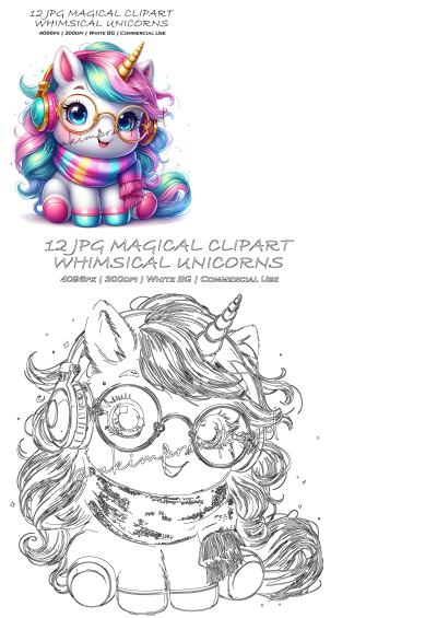 Whimsical unicorn digital clipart featuring a rainbow mane, headphones, and glasses, with a matching line art outline.