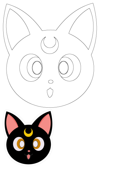 Cute black cat sticker with a gold crescent moon, pink ears, and big eyes, accompanied by a line art outline. Ideal for fans.