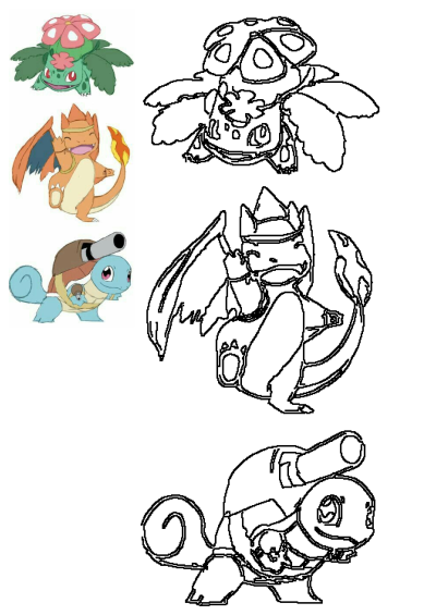 Four Pokemon types, Venusaur, Charizard, and Blastoise, are shown in same pose art with vibrant colors and outline versions.