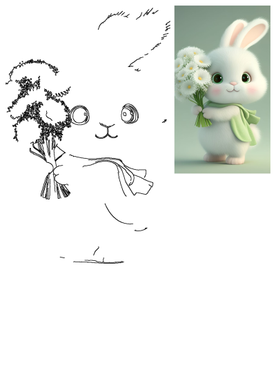 A cute, fluffy white rabbit with green eyes, wearing a light green scarf, and holding a bouquet of white daisy flowers.