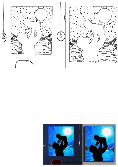 Father and child silhouette painting, depicting a loving bond under a bright moon and starry night sky over a serene lake with mountains.