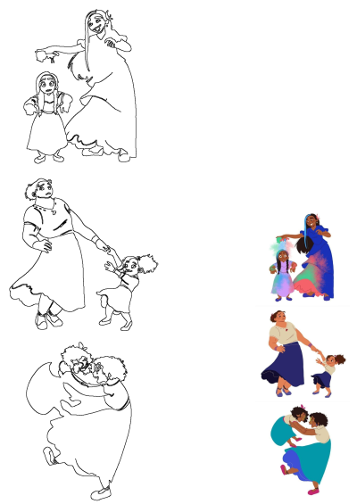 Encanto Madrigal family members Isabela, Luisa, and Pepa dancing joyfully with children Mirabel and Antonio. Vibrant scenes.