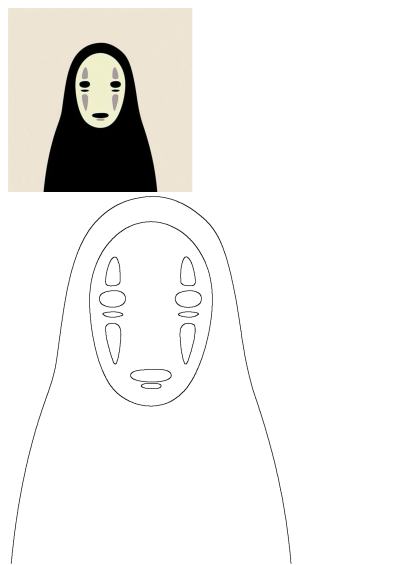 Stylized illustration of No Face, the iconic ghost character from Spirited Away, featuring its mask-like face and dark eyes.