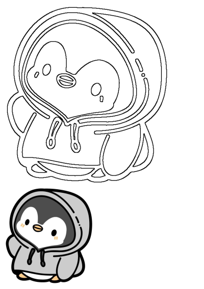 A charming cartoon penguin in a cozy gray hoodie. The image displays both a black outline and a colored version of the cute character.