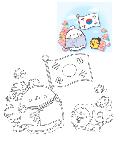 Adorable bunny and chick in traditional Korean hanbok celebrate with the vibrant South Korean flag amidst cherry blossoms and a blue sky.