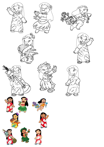 Lilo Pelekai from Disney's Lilo & Stitch, showcasing multiple outfits like her red dress, hula skirt, and swimsuit, in both line art and full color illustrations.