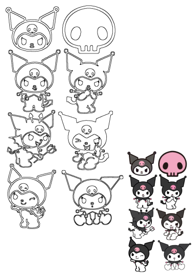 Multiple Kuromi character designs featuring black and pink cartoon animals. Includes outlines for crafts and colorful stickers with various poses.