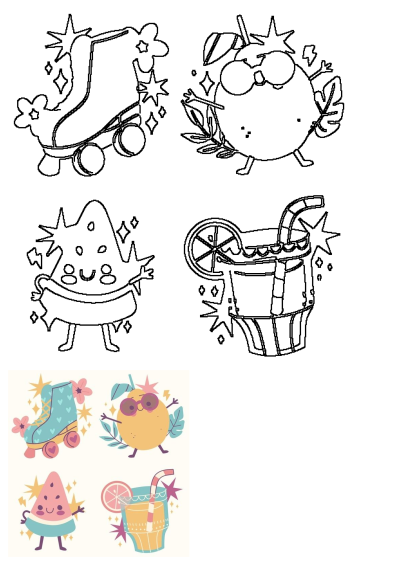 Cartoon summer outlines: a roller skate, smiling orange, happy watermelon slice, and refreshing drink. Perfect for vibrant summer designs.