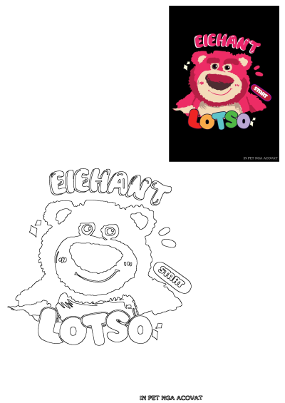 Pink Lotso Bear Eichant Totso, a happy character with 'EICHANT' and 'LOTSO' text, a 'START' button, plus a line art version.