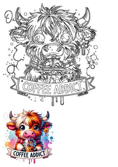 Cute Highland cow coffee addict sublimation PNG featuring a watercolor boba tea drinker with a 'COFFEE ADDICT' banner design.