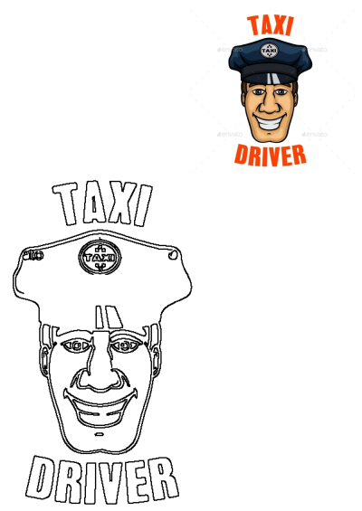 A friendly cartoon vector illustration of a smiling male taxi driver wearing a blue uniform hat with a taxi emblem.