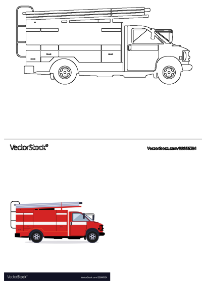 Red fire truck vector illustration on a white background, depicted in a side view with ladders and storage compartments. Ideal for design.
