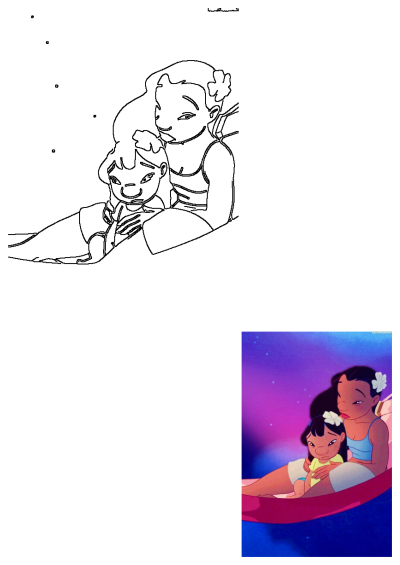 Lilo and Nani from the Disney movie Lilo & Stitch, enjoying a starry night. Features a vibrant colored image and an outline drawing.